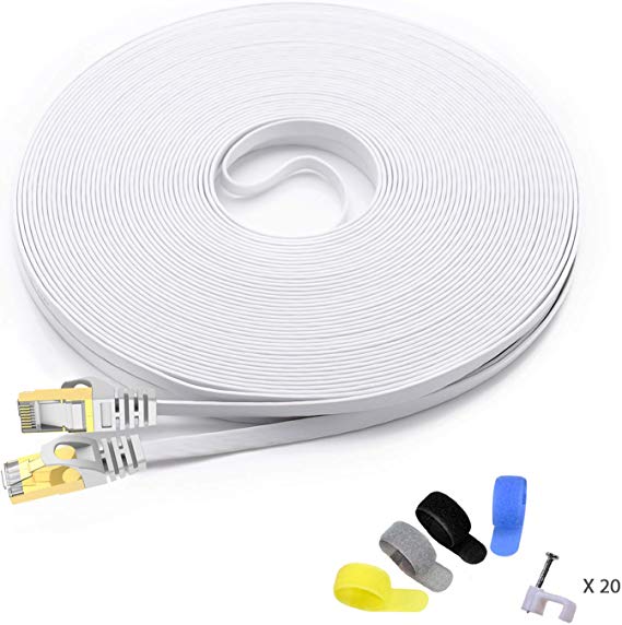 CableGeeker Cat7 Shielded Ethernet Cable 100ft (Highest Speed Cable) Flat Ethernet Patch Cable Support Cat5/Cat6 Network,600Mhz,10Gbps - White Computer Cord   Free Clips and Straps for Router Xbox