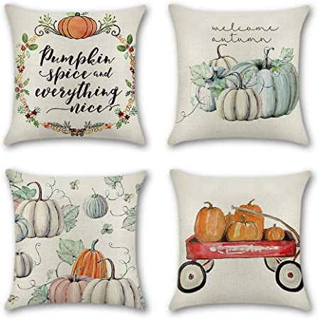 Artscope Set of 4 Thanksgiving Decorative Cushion Covers for Sofa Car, Autumn Theme Cotton Linen Throw Pillow Covers 45 x 45 cm Fall Pillowcases with Invisible Zipper (Pumpkin - D)