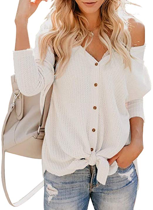 liher Womens Long Sleeve Tops V Neck Button Down Waffle Knit Tie Front Casual Shirts