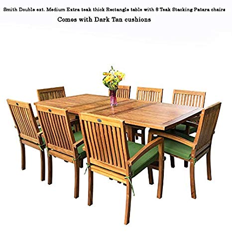New 9pc Grade-A Teak Outdoor Dining Set-one Double Extension Table & 8 Patara Stacking Arm Chairs plus cushions