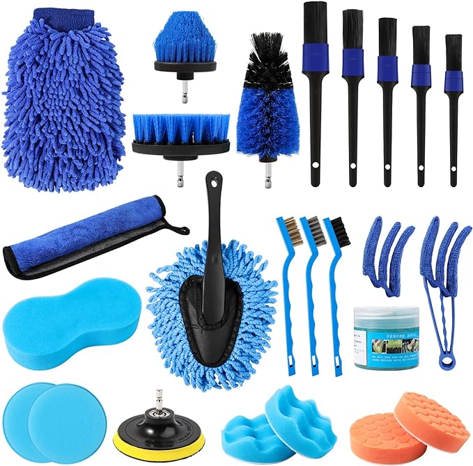 25PCS Car Detailing Brush Kit, Cleaning Detail Brushes Set with Car Dash Duster Brush, Car Cleaning Supplies Interior Exterior Brushes Kit (Wash Mitt, Towels, Polishing Pads, Cleaning Gel and Sponge)