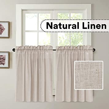 Elegant Linen Blended Kitchen Curtains Rod Pocket Window Curtain Tiers for Café Light Filtering Linen Textured Curtains for Small Windows - Bonus Adjustable Tie-Backs, 52" by 40" - Angora (2 Panels)