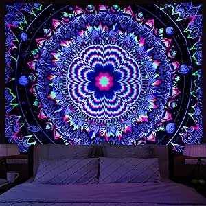 Amonercvita Blacklight Tapestry Trippy Mandala Tapestry UV Reactive Galaxy Stars Tapestry Psychedelic Neon Tapestry Wall Hanging Hippie Black Light Poster for Living Room