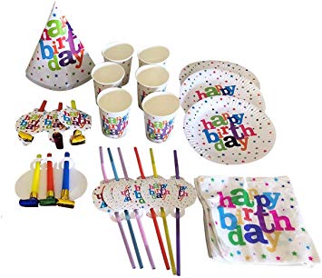 Lightahead Party for 6 - Plates, Cups, Napkins, Straws, Blowout Whistles, 2 Unicorn Balloons, 13 pc Golden Inflatable Happy Birthday Banner, Decorations & Supplies (White-1)