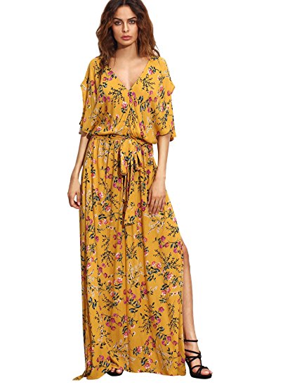 Milumia Women's Boho Split Tie-Waist Vintage Print Maxi Dress