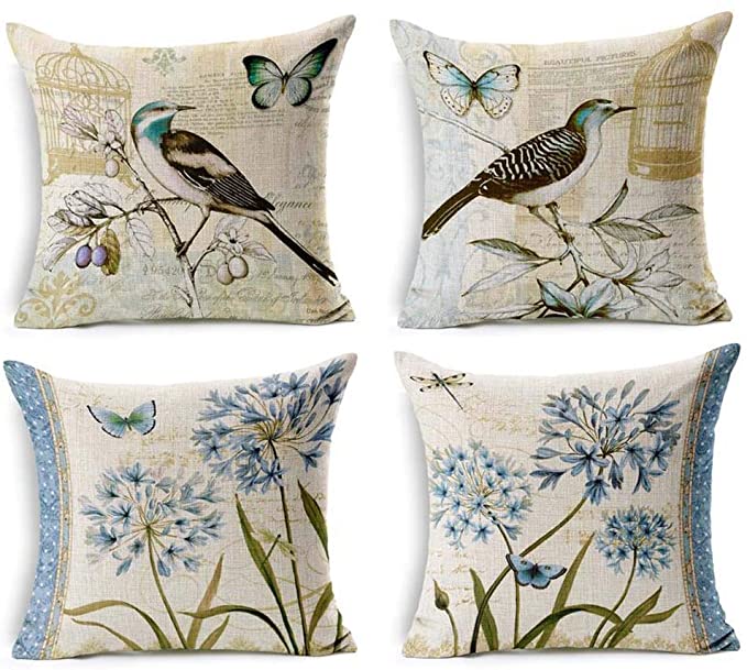 LYN Cotton Linen Square Throw Pillow Case Decorative Cushion Cover Pillowcase for Sofa 18"X 18" Set of 4