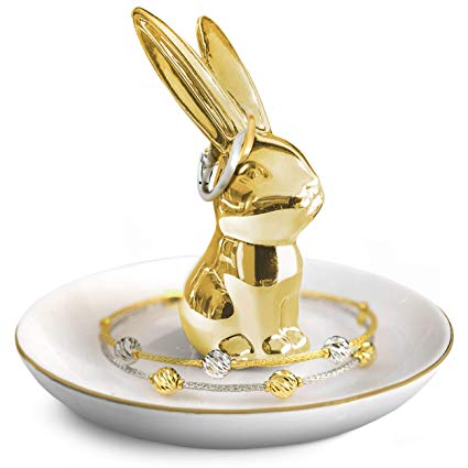 Ceramic Bunny Rabbit Ring Decorative Holder Gold & White | Ring, Bracelet, Jewelry, Trinket Tray/Dish | Great for Wedding Ring, Earrings, Diamond Ring & Engagement Ring Holder | Office & Home Decor