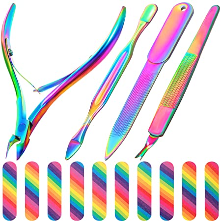 14 Pieces Nail Care Set, Cuticle Cutter Nipper Clipper, Cuticle Pusher, Cuticle Scrapper, Nail File and 10 Pieces Rainbow Nail Files Nail Gel Remover Manicure Tools for Home and Salon Use