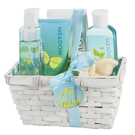 Meadow Bath Gift Set in Wicker White Basket, Shower Gel,Bubble Bath, Bath Salt,Body Lotion,Body Spray,Bath Fizzer