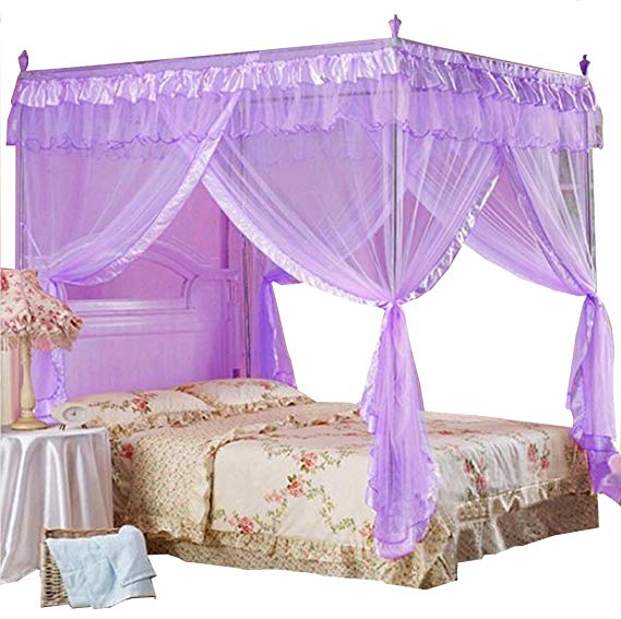 Mengersi Princess 4 Corners Post Bed Curtain Canopy Mosquito Netting (Purple, Queen)