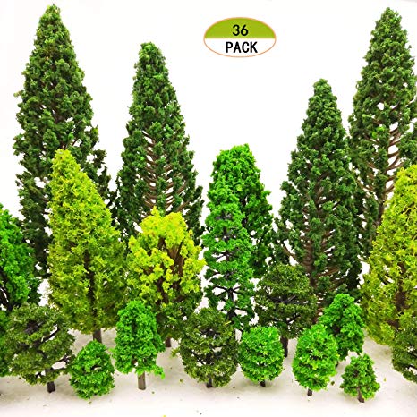 MOMOONNON 36 Pieces Model Trees 1.36-6 inch Mixed Model Tree Train Scenery Architecture Trees Fake Trees for DIY Crafts, Building Model, Scenery Landscape Natural Green