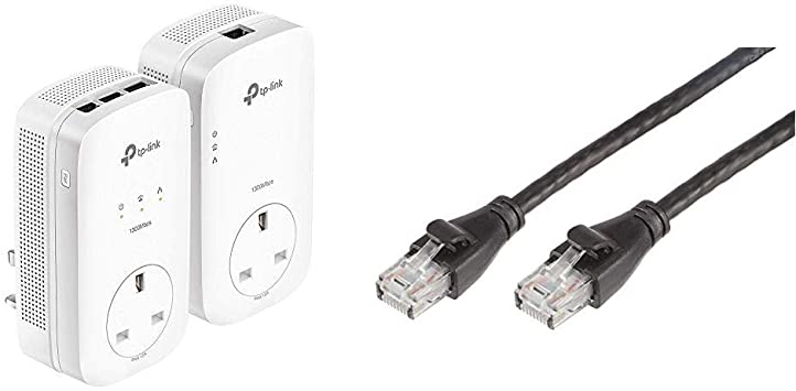 TP-Link TL-PA8033PKIT AV1300 3-Port Gigabit Passthrough 2x2 MIMO Powerline Adapter Starter Kit, WiFi Extender/Booster & AmazonBasics RJ45 CAT6 Ethernet LAN Patch Cable (1.5 m / 5 Feet) - 5 pack