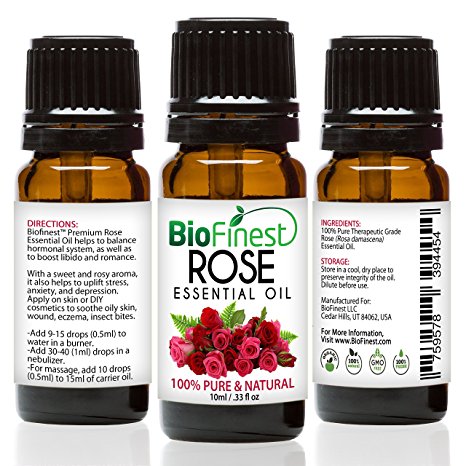 Biofinest Rose Essential Oil - 100% Pure Organic Therapeutic Grade - Best for Aromatherapy, Mood Relaxing, Hormonal Balance, Ease Headache Cramp Cold Wrinkles Acne Stretch Mark - FREE E-Book (10ml)