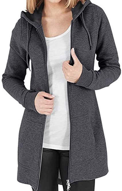 Kidsform Women's Full Zip Hoodie Long Sleeve Casual Long Sweatshirts Solid Hooded Jacket with Pockets
