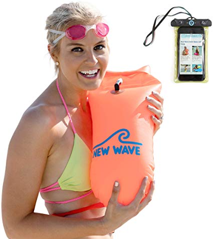 New Wave Swim Buoy - Swimming Tow Float and Drybag for Open Water Swimmers and Triathletes - Light and Visible Float for Safe Training and Racing - Orange PVC