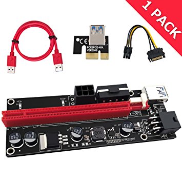 PCIE Riser 1X TO 16X Graphics Extension for GPU Mining Powered Riser Adapter Card, 60cm USB 3.0 Cable, 4 Solid Capacitors, Two 6PIN and Molex 3 Power Options (VER 009S, 1-Pack)