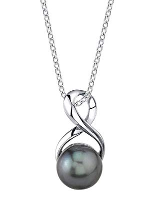 THE PEARL SOURCE Genuine Black Tahitian South Sea Cultured Pearl Infinity Pendant Necklace for Women