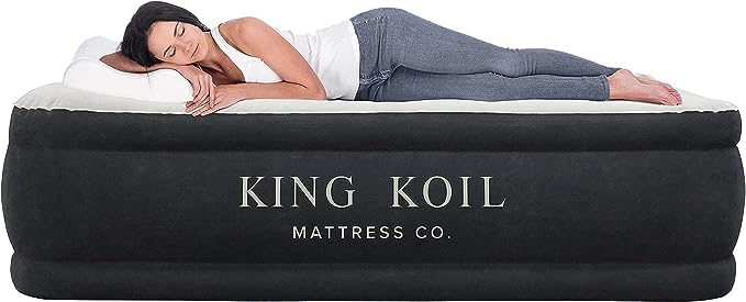 King Koil Luxury Queen Air Mattress with Built-in High Speed Pump, Blow Up Bed Top and Side Flocking, Puncture Resistant, Double High Inflatable Queen Airbed Air Mattress for Camping, Home, Travel
