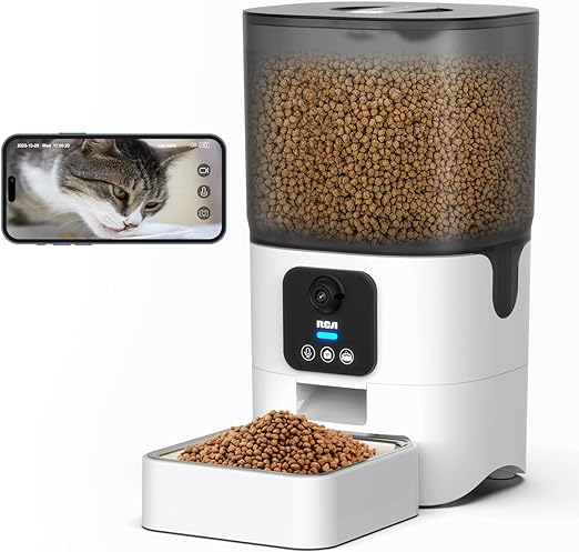 RCA Cat & Dog Pet Feeder with HD 1080p Camera, Real-Time Two-Way Audio, Monitoring, Motion Detection, Night Vision, Compatible with Google Assistant, Alexa - 6L Capacity, Dishwasher Safe Bowls