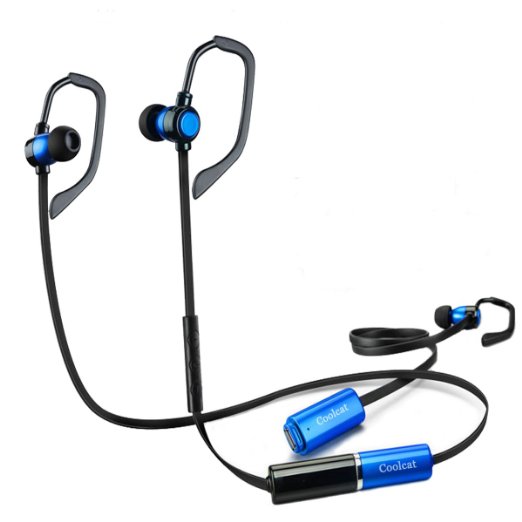 Bluetooth Headphones,Coolcat Music Bluetooth Wireless Sports Gym Excercises Sweatproof Headsets Noise Cancelling In-ear Earbuds With replaceable battery With Mic for Smartphones Devices(Blue)