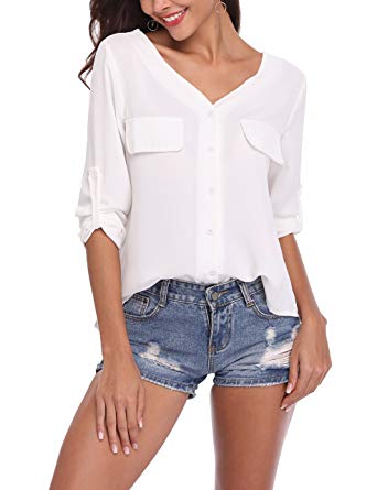 LYHNMW Womens Casual V Neck Chiffon Blouses Roll-up Long Sleeve Button Down Shirts Tops