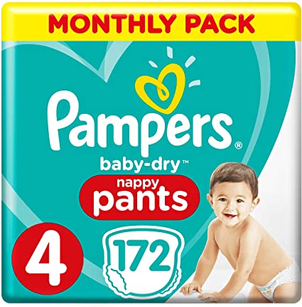 Pampers Baby-Dry Nappy Pants Size 4, 172 Nappy Pants, Monthly Saving Pack, Easy-On with Air Channels for Up to 12 Hours of Breathable Dryness, 9-15 kg