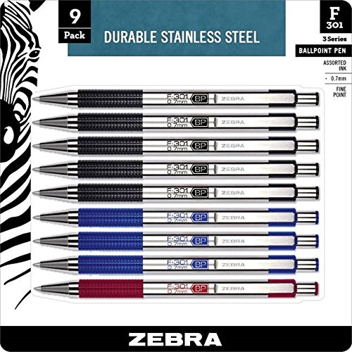 Zebra F-301 Ballpoint Pen, Retractable, 0.7mm, Assorted, 9 Pack (11169)