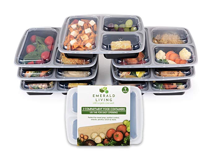 Emerald Living 3 Compartment BPA Free Meal Prep Containers 7 pack. Reusable Plastic Food Containers with Lids. Bento Lunch Box Set   EBook.