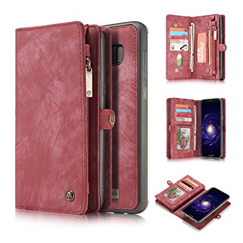 Galaxy S8 Plus Case,AKHVRS Handmade Premium Cowhide Leather Wallet Case,Zipper Wallet Case [Magnetic Closure]Detachable Magnetic Case & Card Slots for Samsung Galaxy S8 Plus - Red