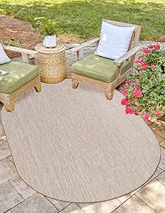 Unique Loom Outdoor Solid Collection Area Rug (5' 3" x 8' Oval Beige/Ivory)