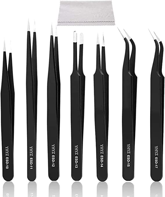 YHYZ 7pcs Precision ESD Electronics Tweezers (Version 2), Upgraded Stainless Steel Anti-Static ESD Tweezers Set Kit for Electronics, Sodlering, Jewelry Craft Model Making, Laboratory Work