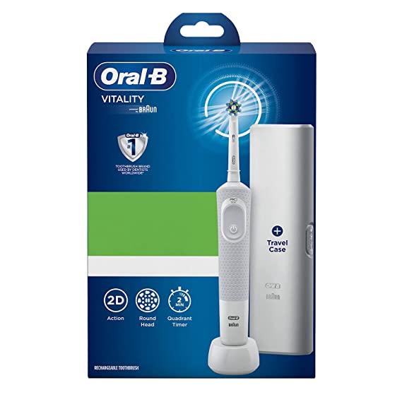 Oral B Vitality Criss Cross Electric Rechargeable Toothbrush with Travel Case, with replaceable brush head included (White colour)