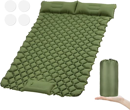 MoKo Camping Sleeping Pad, Camping Mat with Pillow, Portable 2 Person Self Inflating Camping Mattress for Backpacking, Hiking, Traveling, Ultralight Compact Sleeping Pad for Camping, Green