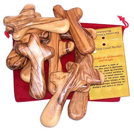 10 Olive Wood Holding Hand Crosses with Gift Bags (With Red or Black Velvet Bag ) From Bethlehem