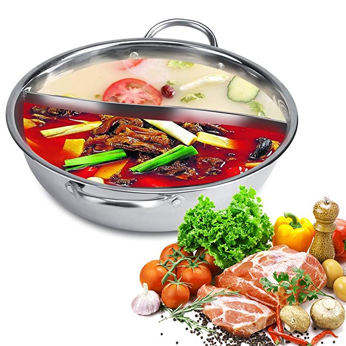 Fdit Stainless Steel Hot Pot, Glass Lid Hot Pot with Divider Soup Cooking Pots 27/29/31cm (32cm)