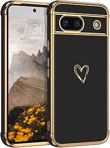 BENTOBEN for Google Pixel 8a Case, Google Pixel 8a Phone Case, Cute Heart Luxury Gold Plating Slim Flexible TPU Bumper Protective Cover, Women Men Girls Boys Phone Case for Google Pixel 8a, Black