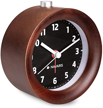 Navaris Wood Analog Alarm Clock - Round Battery-Operated Non-Ticking Clock with Snooze Button and Light - Dark Brown, Black Dial