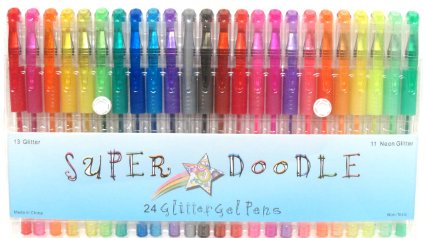 Super Doodle - Glitter Gel Pens - 24 Glitter Colors - Premium Quality Gel Pen Set for Crafting, Doodling, Drawing, Scrapbooking, and Adult Coloring Books