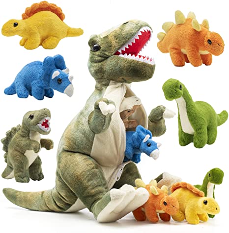 Prextex Plushlings Collection 15 inch Plush Dinosaur T-Rex Tummy Carrier with 5 Cute Little Hatchlings Inside its Zippered Tummy Great Set for Kids