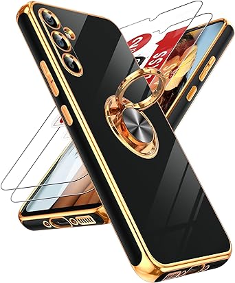 LeYi for A34 5G Case: with Tempered Glass Screen Protector [2 Pack] 360° Rotatable Ring Holder Magnetic Kickstand, Plating Rose Gold Edge Protective for Samsung Galaxy A34 5G Case, Black