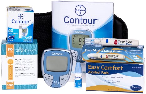 Bayer Contour Meter, 50 Contour Test Strips, 100 Slight Touch 30g Lancets, 1 Lancing Device, 100 Alcohol Prep Pads and Control Solution