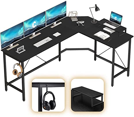 CubiCubi L-Shaped Desk Computer Corner Desk, Home Office Gaming Table, Sturdy Writing Workstation with Small Table, Space-Saving, Easy to Assemble, Black