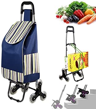 Folding Shopping Cart, Tri-Wheels Stair Climbing Cart Grocery Utility Cart with Wheel Bearings Stainless Steel Frame and Detachable Waterproof Canvas Bag, Portable Grocery Cart for Easy Storage (Blue)