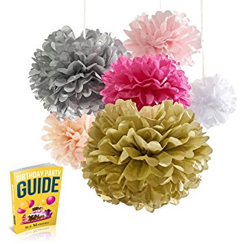 Best Tissue Paper Flowers, 18 Pom Poms Set, Super-Fun Pink And Gold Party Supplies W/ Birthday Party Eguide, Hot Pink Peach White & Silver, For Home, Wedding, Baby Shower, Bridal Shower Decorations