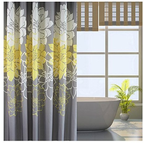 Eforgift Floral Printed Fabric Shower Curtain Polyester Waterproof/ No More Mildews Bathroom Curtains withHooks Yellow/Gray /White (72-inch By 78-inch)