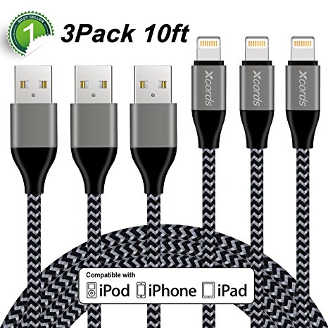 Xcords iPhone Charger, 3Pack 6FT Lightning Cable Nylon Braided USB Charging Cord Compatible with iPhone X 8 8 Plus 7 7 Plus 6 6s 6 plus 6s plus 5 5s 5c se ,iPad, iPod and More(Carbon black)