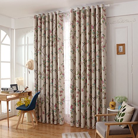 Room Darkening Curtains for Bedroom -Lucky Bird Vintage Printed Window Drapes with Flower Patterns, Metal Grommets Top, 2 panels (42" Wx84 L, Beige)