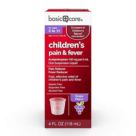 Basic Care Children's Pain & Fever Oral Suspension Acetaminophen 160 mg per 5 mL, Grape Flavor, Fast, Effective Pain Reliever and Fever Reducer for Children, 4 Fluid Ounces