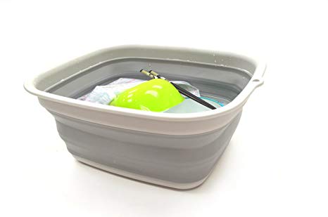 SAMMART Collapsible Rectangular Tub - Foldable Dishpan - Portable Laundry Basin - Space Saving Plastic Washtub (Grey)