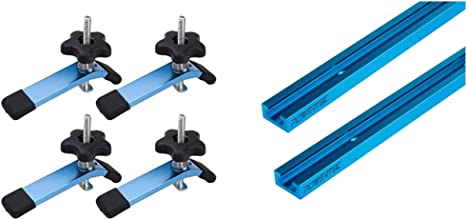 POWERTEC 71168-P2 T-Track Hold Down Clamps, 5-1/2” L x 1-1/8” Width, Set of 4 & 71118 Double-Cut Profile Universal T-Track with Predrilled Mounting Holes(2-Pack), 24"